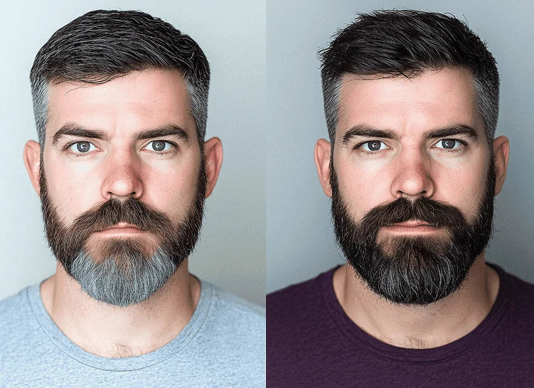 Before and after comparison showing darker and more defined grooming results