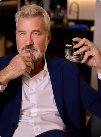 Mature man holding Gravité men’s fragrance